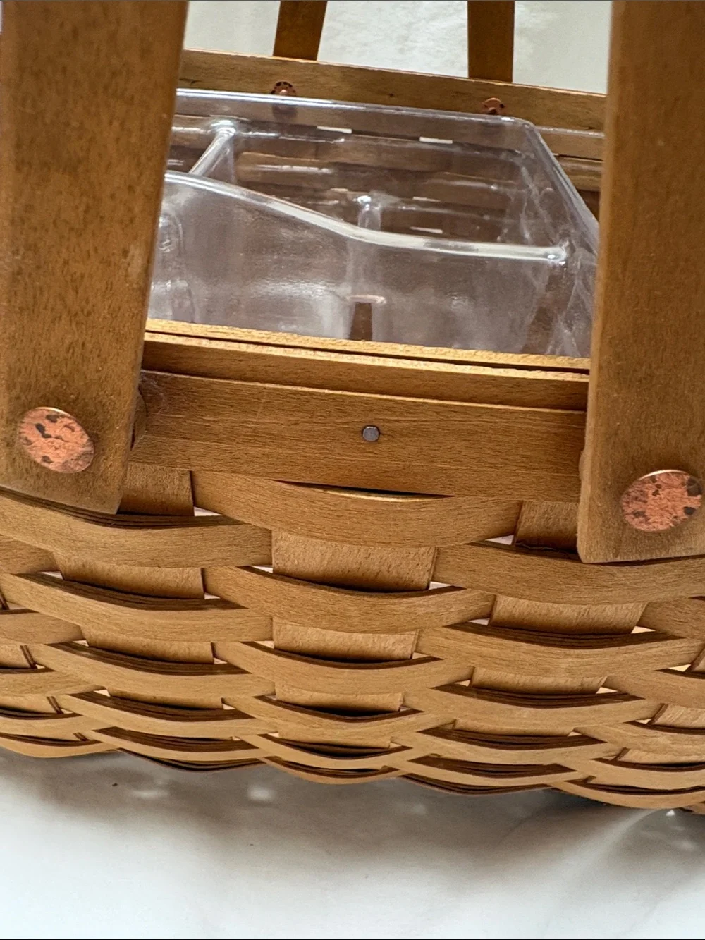 Longaberger wood market basket with hinged handles and plastic inserts